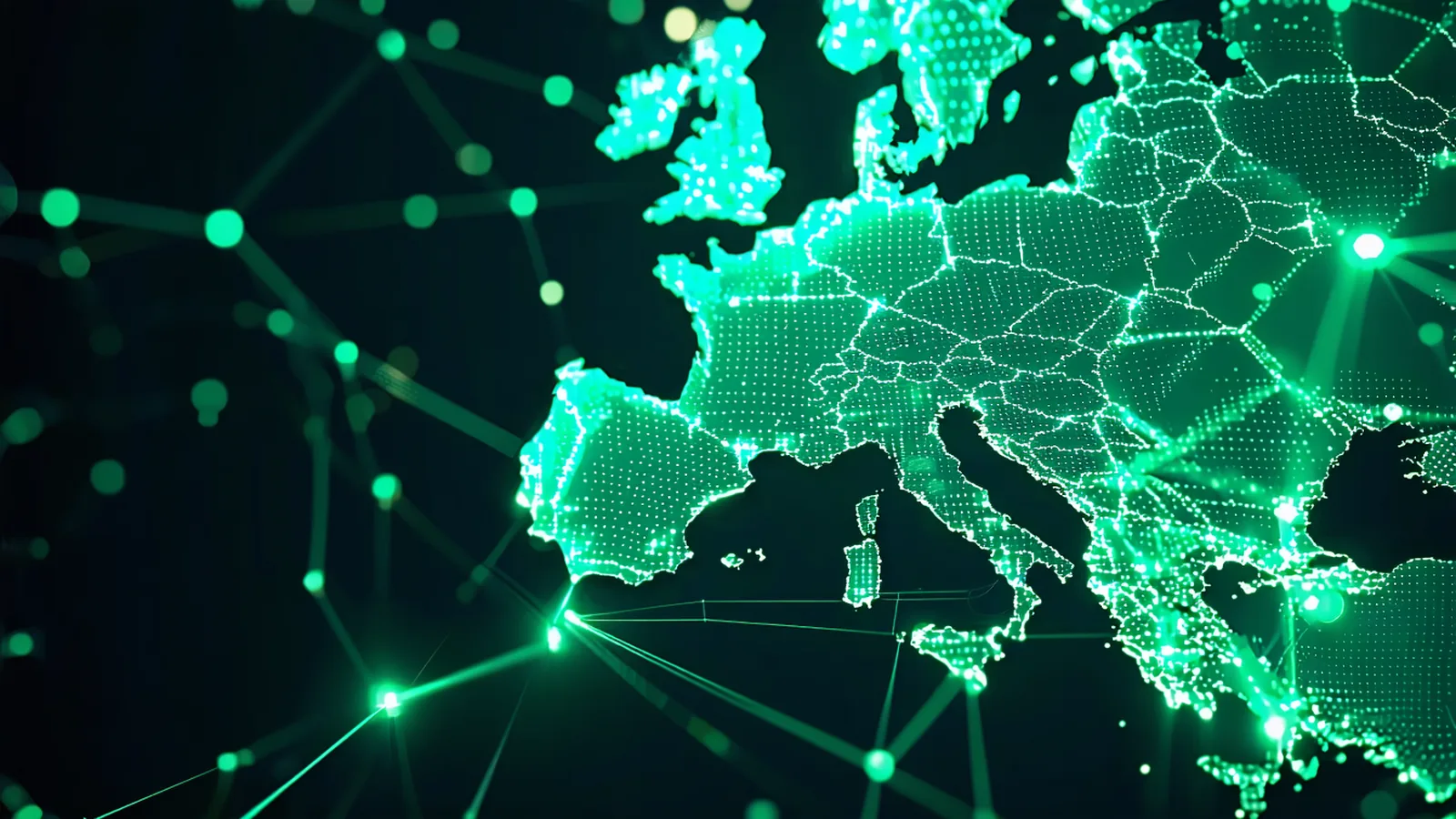 Abstract visualization of interconnected European financial exchange nodes and data flows